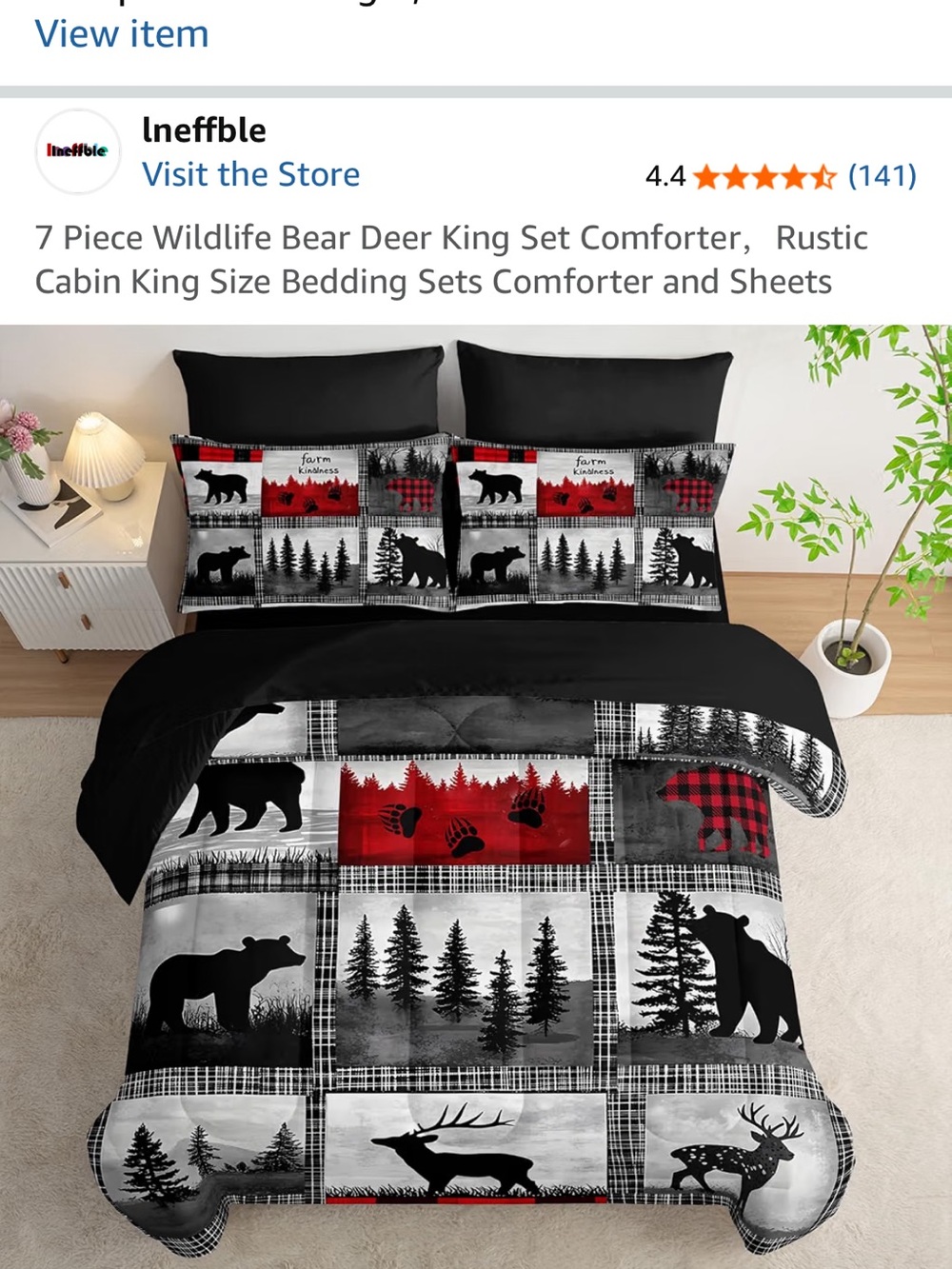 King 7 piece set Rustic Wildlife Bear & Deer Comforter Set in Black, Red & Gray